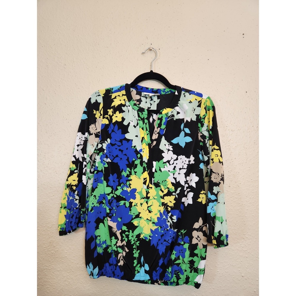 Dana Buchman Womens S Multicolor Floral Blouse Split Neck 3/4 Sleeve Elastic Hem